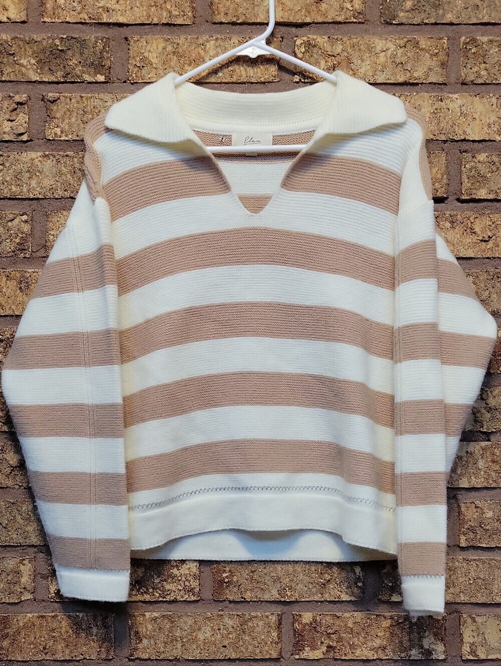 Elan Striped V-Neck Collared Sweater Size XS Cozy Minimalist